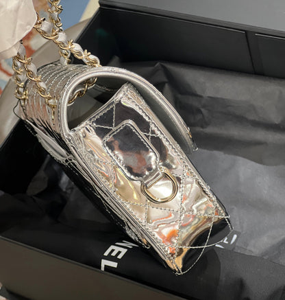 Chanel 24C Rectangle Flap Silver Mirror Patent Leather With Star Coin Purse And Gold Hardware New In Box