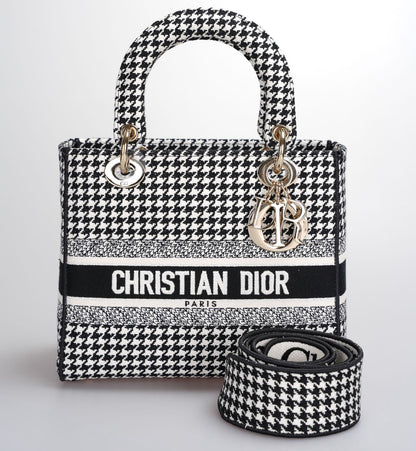 Christian Dior Black White Houndstooth Canvas Medium Lady D-Lite Bag