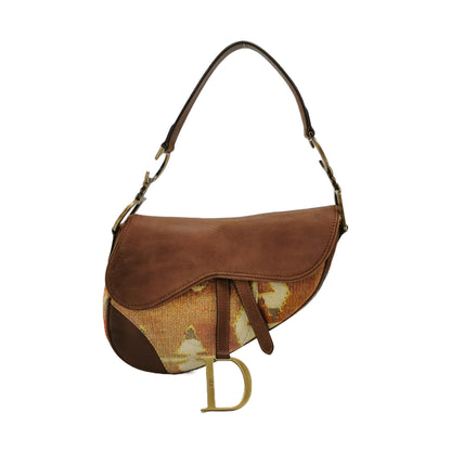Dior Saddle Brown Leather Printed Velvet Gold Hardware Shoulder Bag