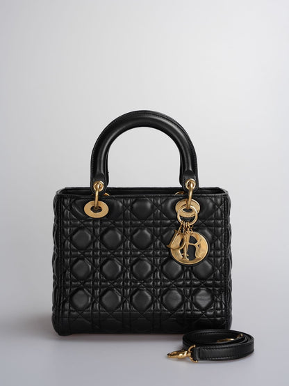 Christian Dior Black Medium Lady Dior Bag In Cannage Lambskin Leather With Gold Hardware