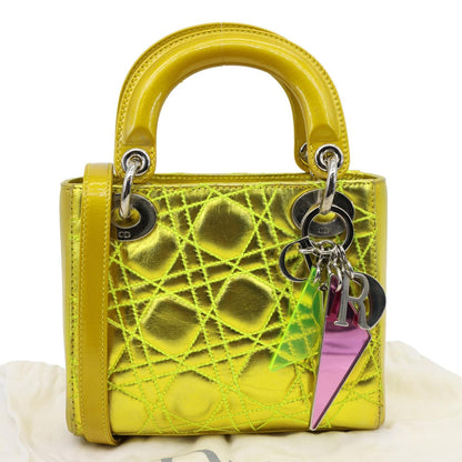 Christian Dior Lady Dior Mini Metallic Leather Shoulder Bag Neon Yellow