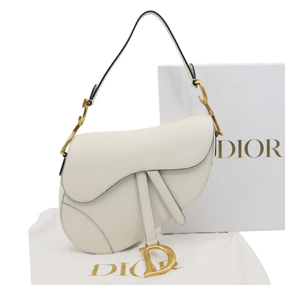CHRISTIAN DIOR Saddle Grained Calfskin Leather Shoulder Bag Off White