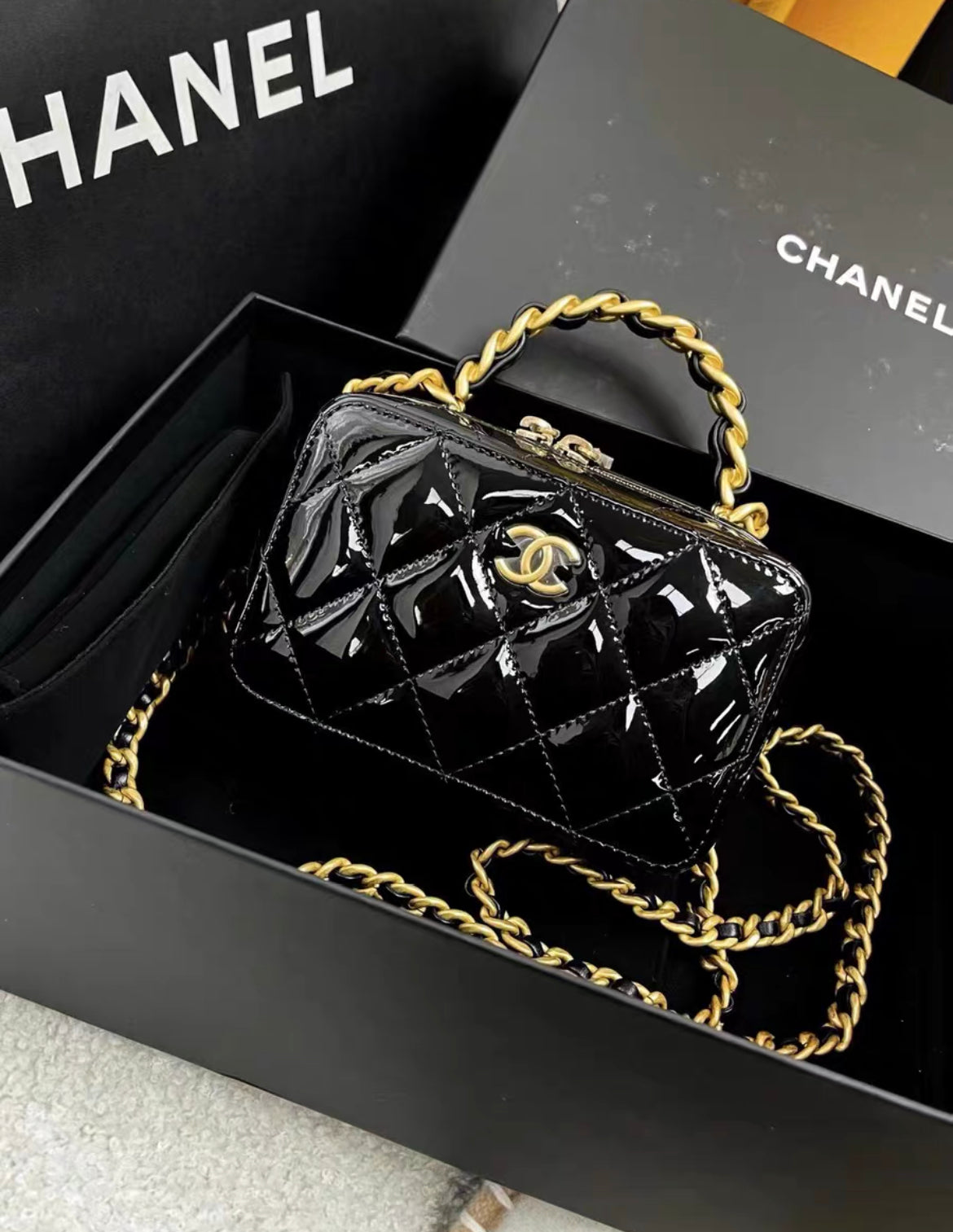 Chanel 22A Patent Black Leather Gold Chain Handle Vanity Case Mini Rectangular Bag Classic Top Handle
