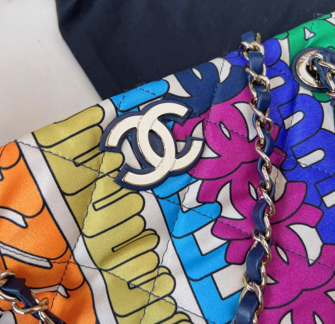 Chanel Rainbow Logo Quilted Textile Tote Bag Gold Hardware 2021
