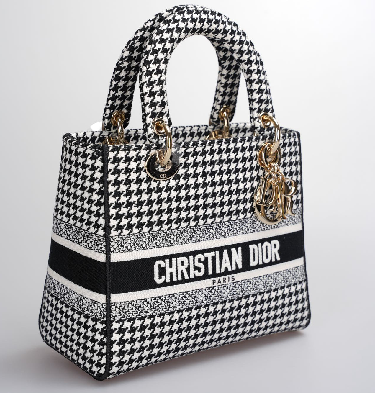 Christian Dior Black White Houndstooth Canvas Medium Lady D-Lite Bag