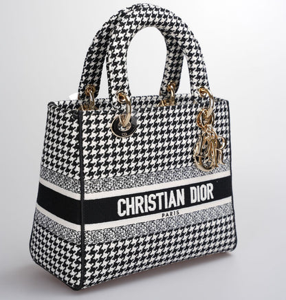 Christian Dior Black White Houndstooth Canvas Medium Lady D-Lite Bag