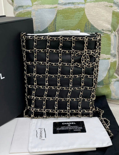 Chanel 2022 Black Leather Gold Chain Large Shopping Tote Gold Hardware