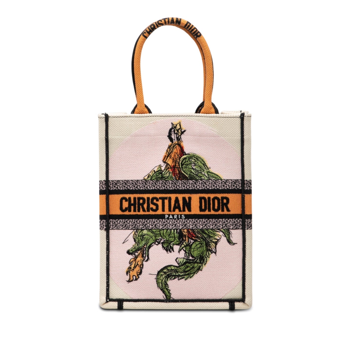 White Dior Embroidered Canvas Princess And Dragon Vertical Book Tote