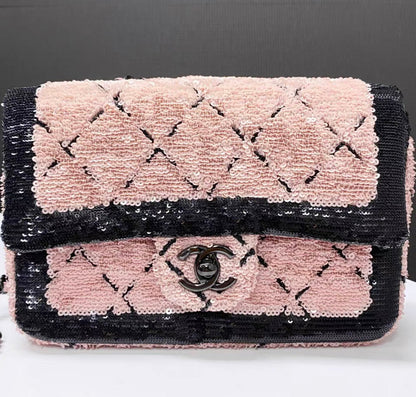 Chanel 24P Small Flap Bag Sequins Black Metal Pink Black