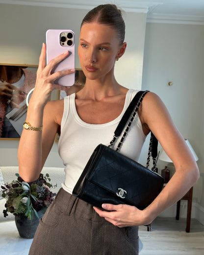 Chanel Flap Calfskin Leather Black Silver Shoulder Bag