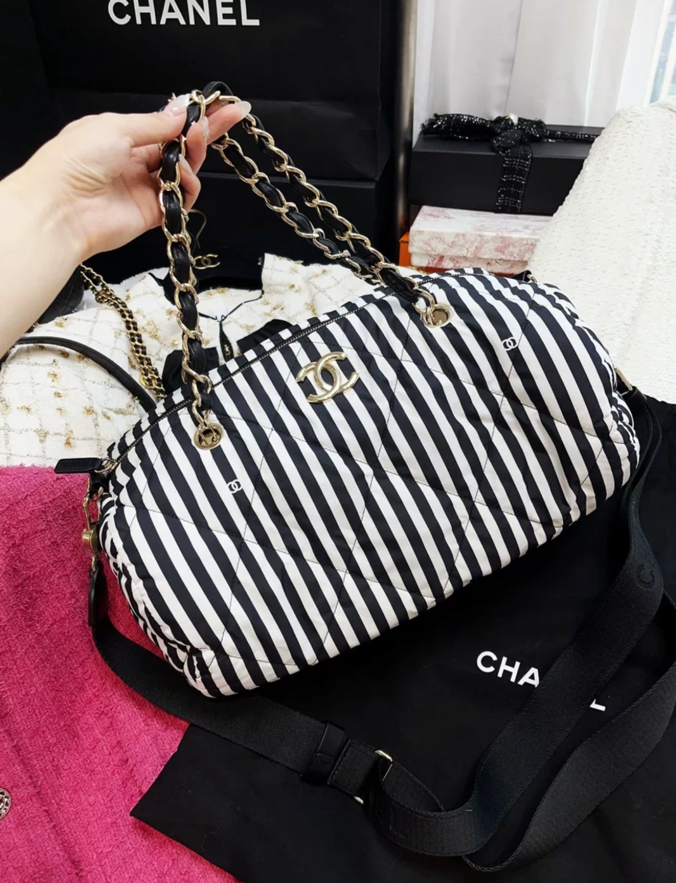 Chanel 24M Coco Beach Black And White Striped Bowling Bag