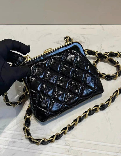 Chanel Mini Clutch With Bow Crossbody Bag Black Shiny Lambskin And Pink Patent Crumpled Lambskin Antique Gold Hardware