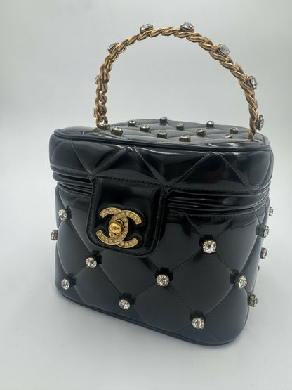 Chanel 1995 Barbie Black Rhinestone Heart-Mirror Vanity Case Bag