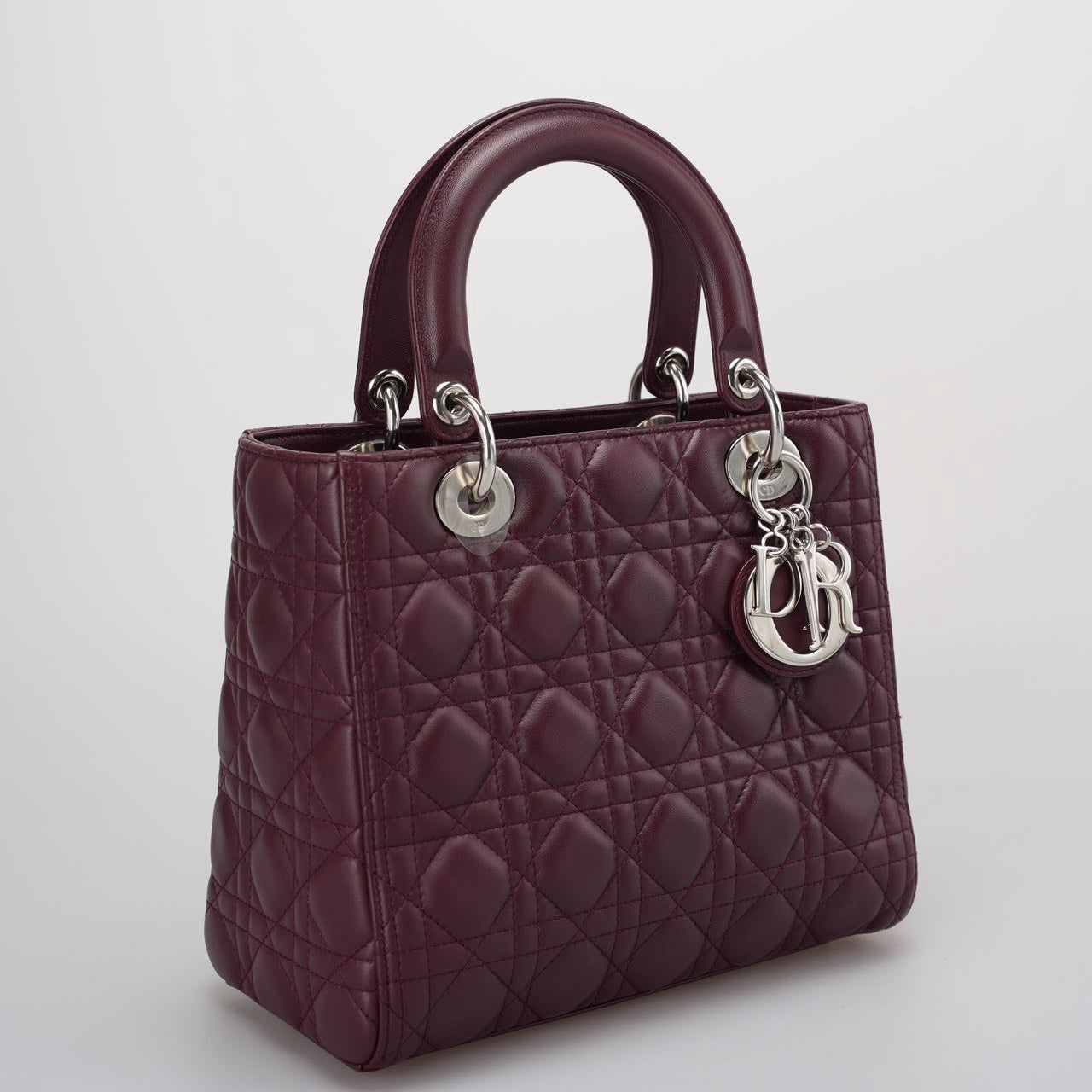 Christian Dior Burgundy Lady Dior Bag In Cannage Lambskin Leather With Silver Hardware Medium Lp