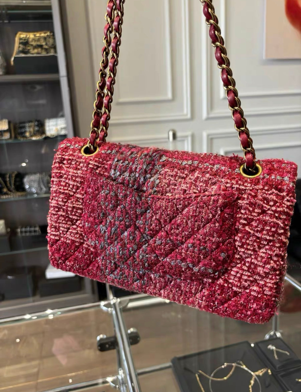 Chanel Burgundy Red And Multicolor Tweed Medium Classic Flap Bag Gold Hardware Rare Model