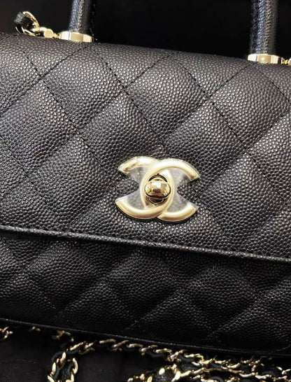 Chanel 24K Nano Coco Top Handle Flap Bag Black Caviar Light Gold Hardware