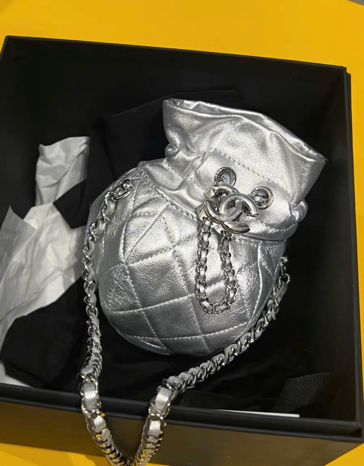 Chanel 23Ss Mini Metallic Quilted Bucket Bag