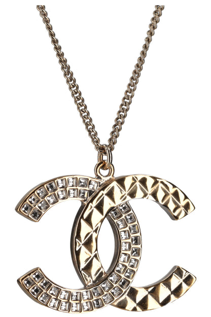 Chanel Baguette Crystal CC Necklace Quilted Gold