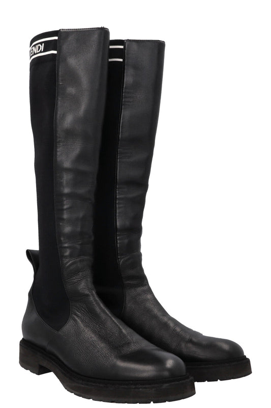 FENDI Logo Sock Knee High Boots Black