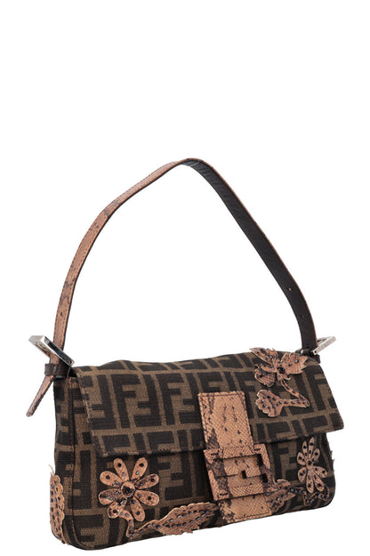 FENDI Zucca Floral Embrodiered Baguette Shoulder Bag Print Canvas