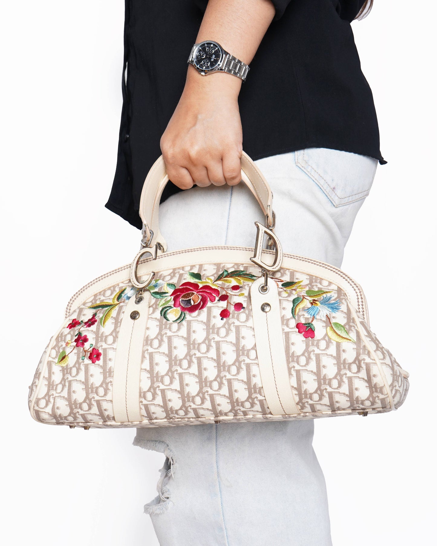Christian Dior Diorissimo Canvas Leather Floral Embroidered Trotter Satchel