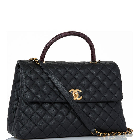 Chanel Large Coco Handle Flap Bag Black Caviar Lizard Handle Antique Gold Hardware
