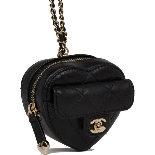 Chanel Cc In Love Heart Necklace Bag Black Lambskin Light Gold Hardware