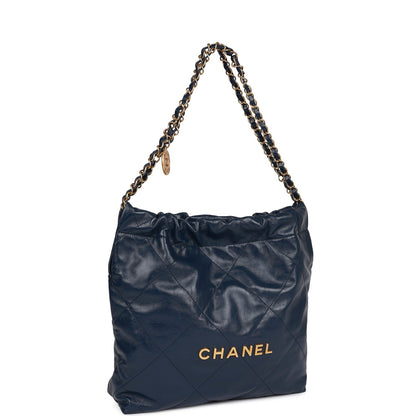 Chanel Large 22 Bag Navy Lambskin Antique Gold Hardware