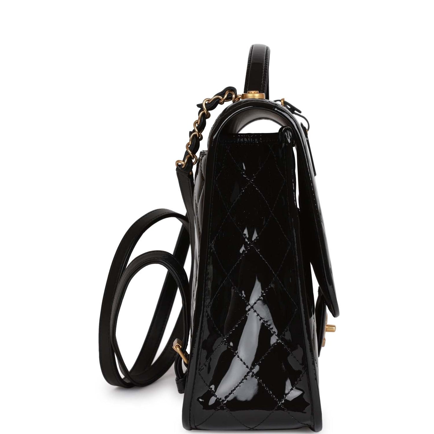 Chanel Large Flap Backpack Black Patent Antique Gold Hardware