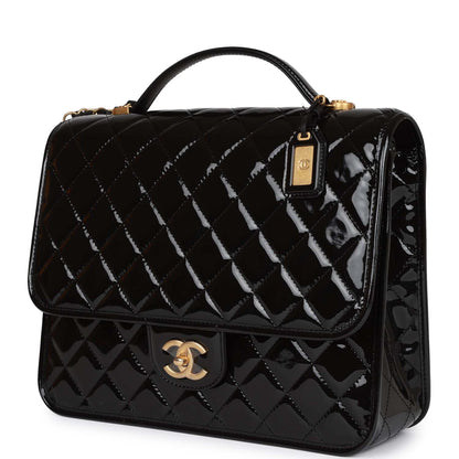 Chanel Large Flap Backpack Black Patent Antique Gold Hardware