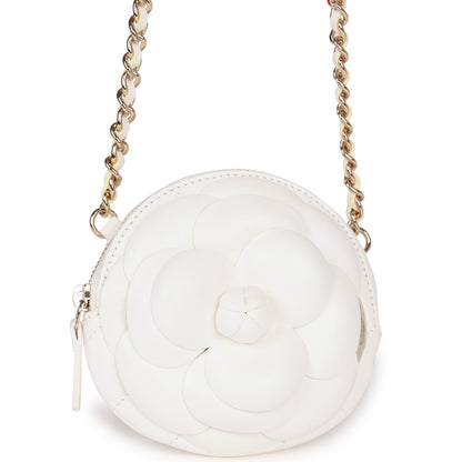 Chanel Camellia Clutch With Chain White Lambskin Light Gold Hardware