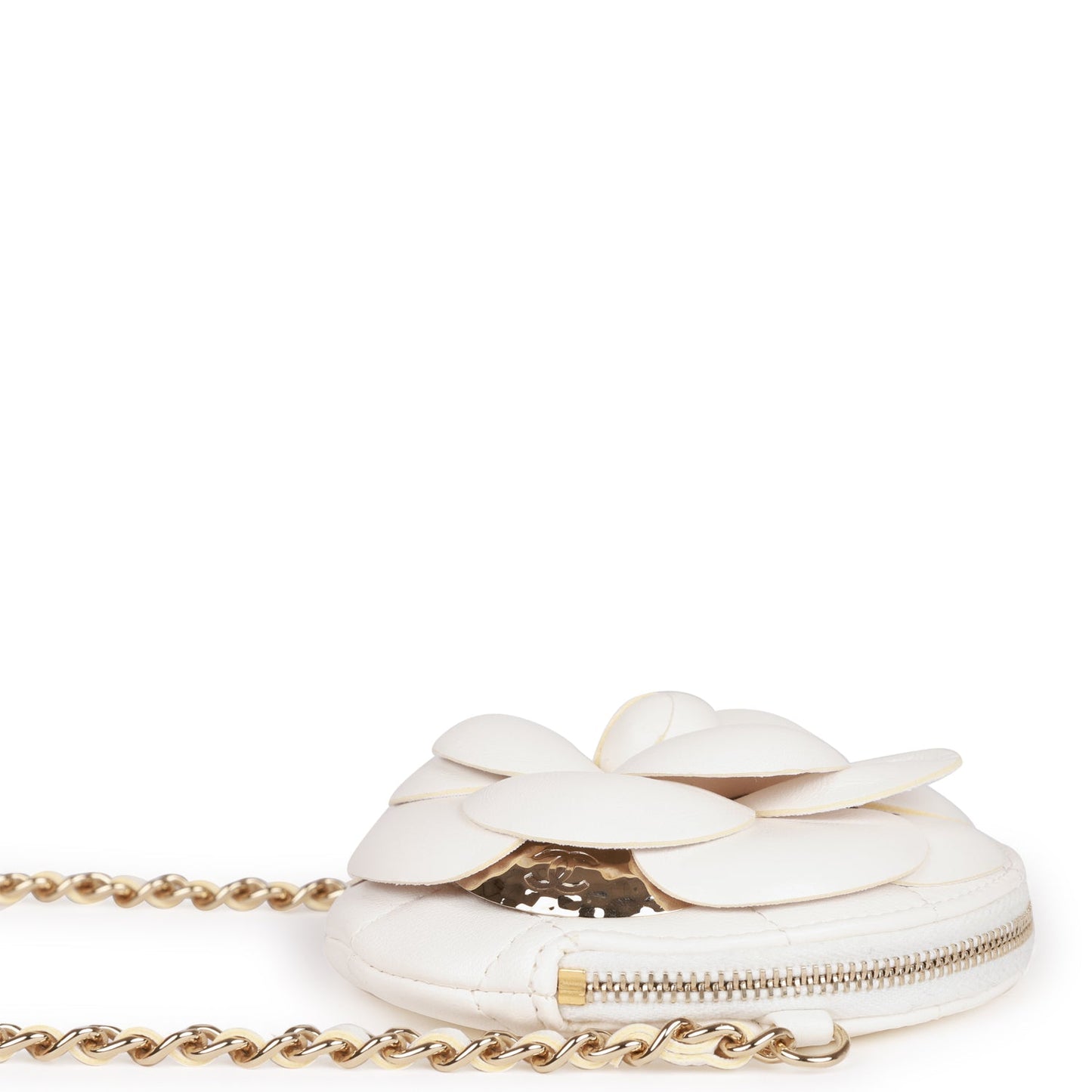 Chanel Camellia Clutch With Chain White Lambskin Light Gold Hardware