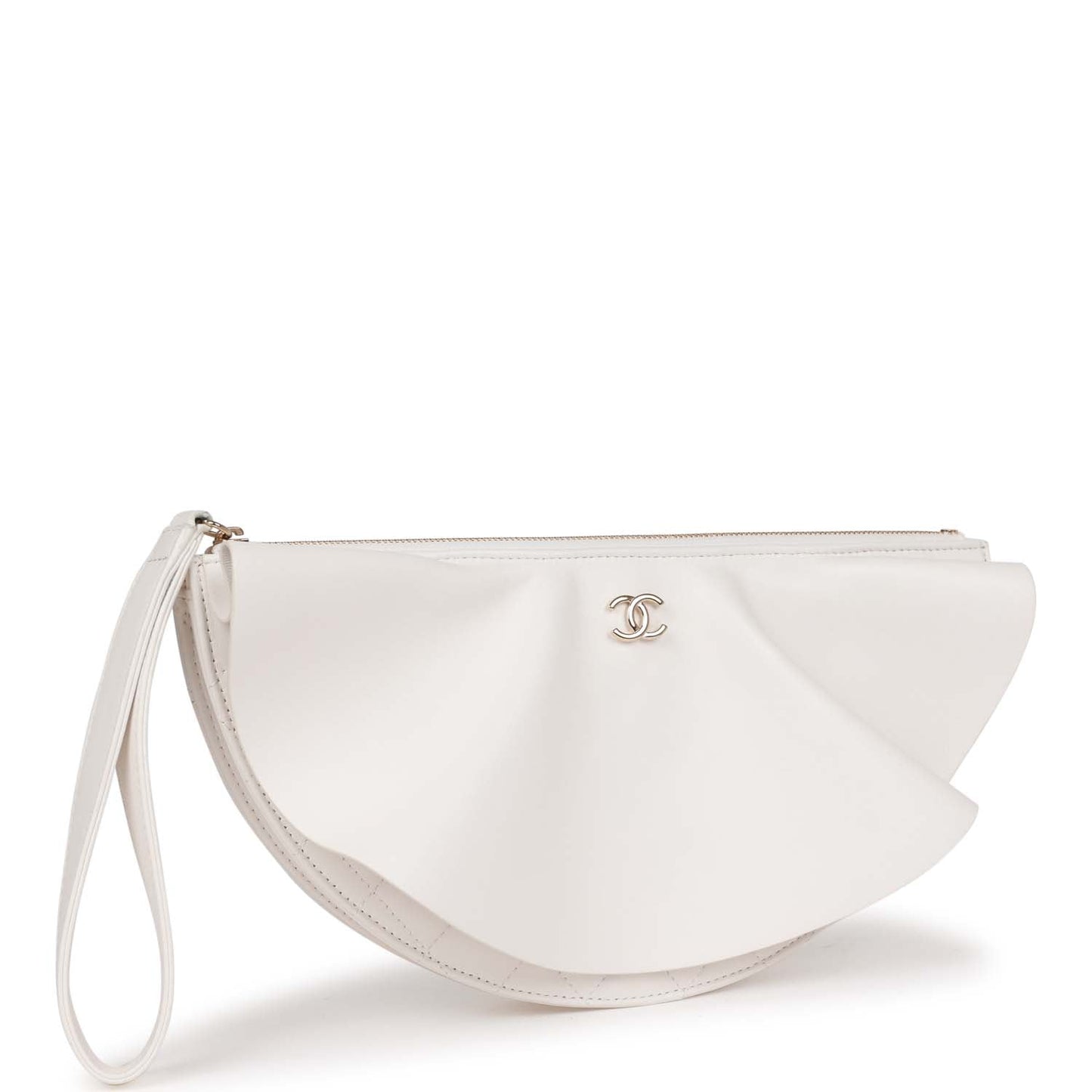 Chanel Ruffle Clutch With Wristlet White Lambskin Light Gold Hardware