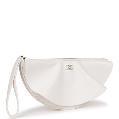 Chanel Ruffle Clutch With Wristlet White Lambskin Light Gold Hardware