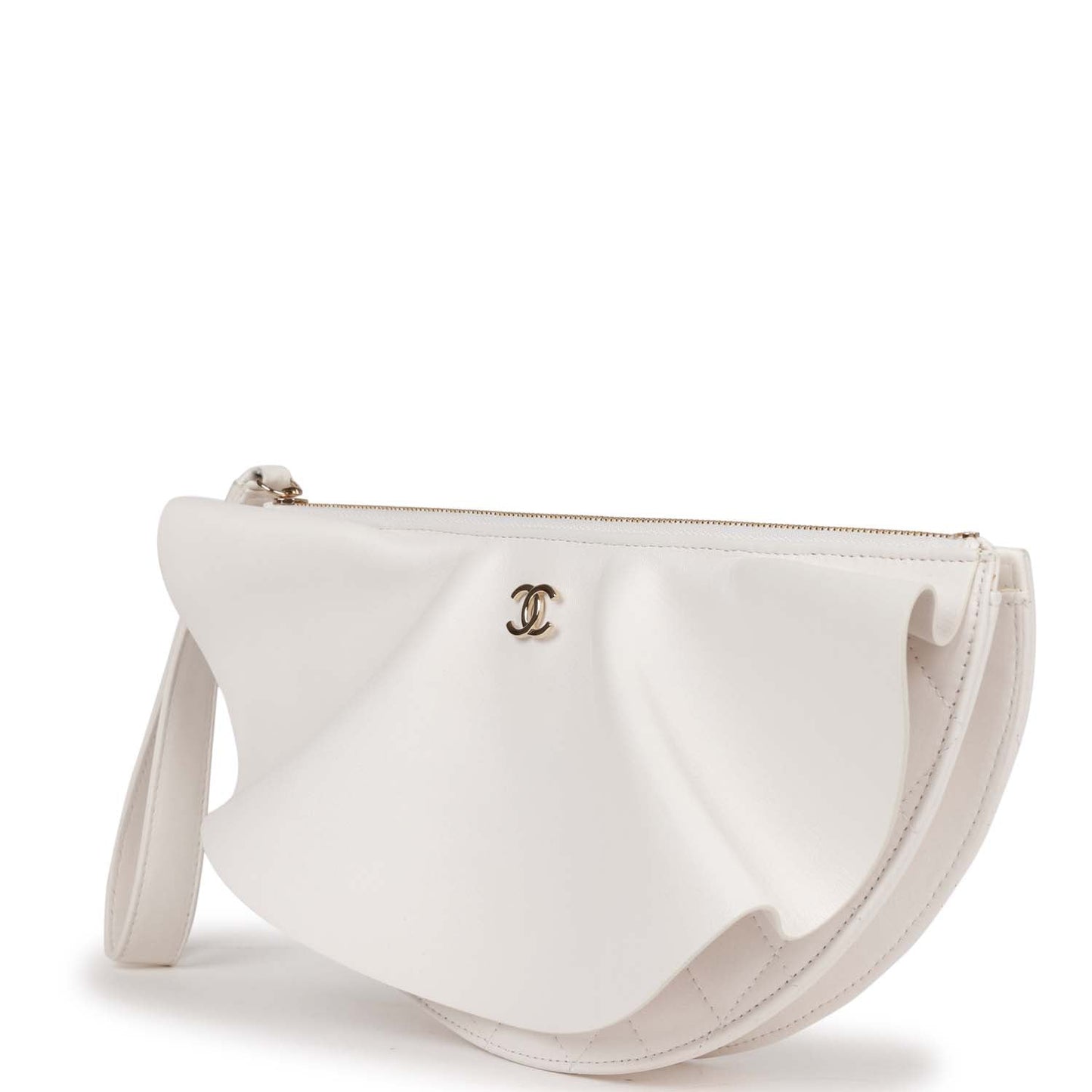 Chanel Ruffle Clutch With Wristlet White Lambskin Light Gold Hardware