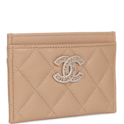 Chanel Card Holder Wallet Beige Caviar Crystal And Light Gold Hardware