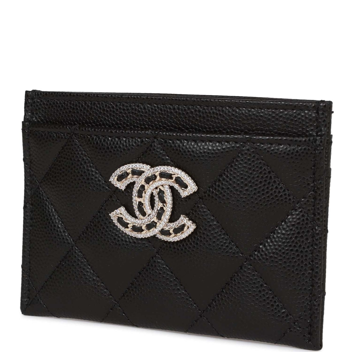 Chanel Card Holder Wallet Black Caviar Crystal And Light Gold Hardware