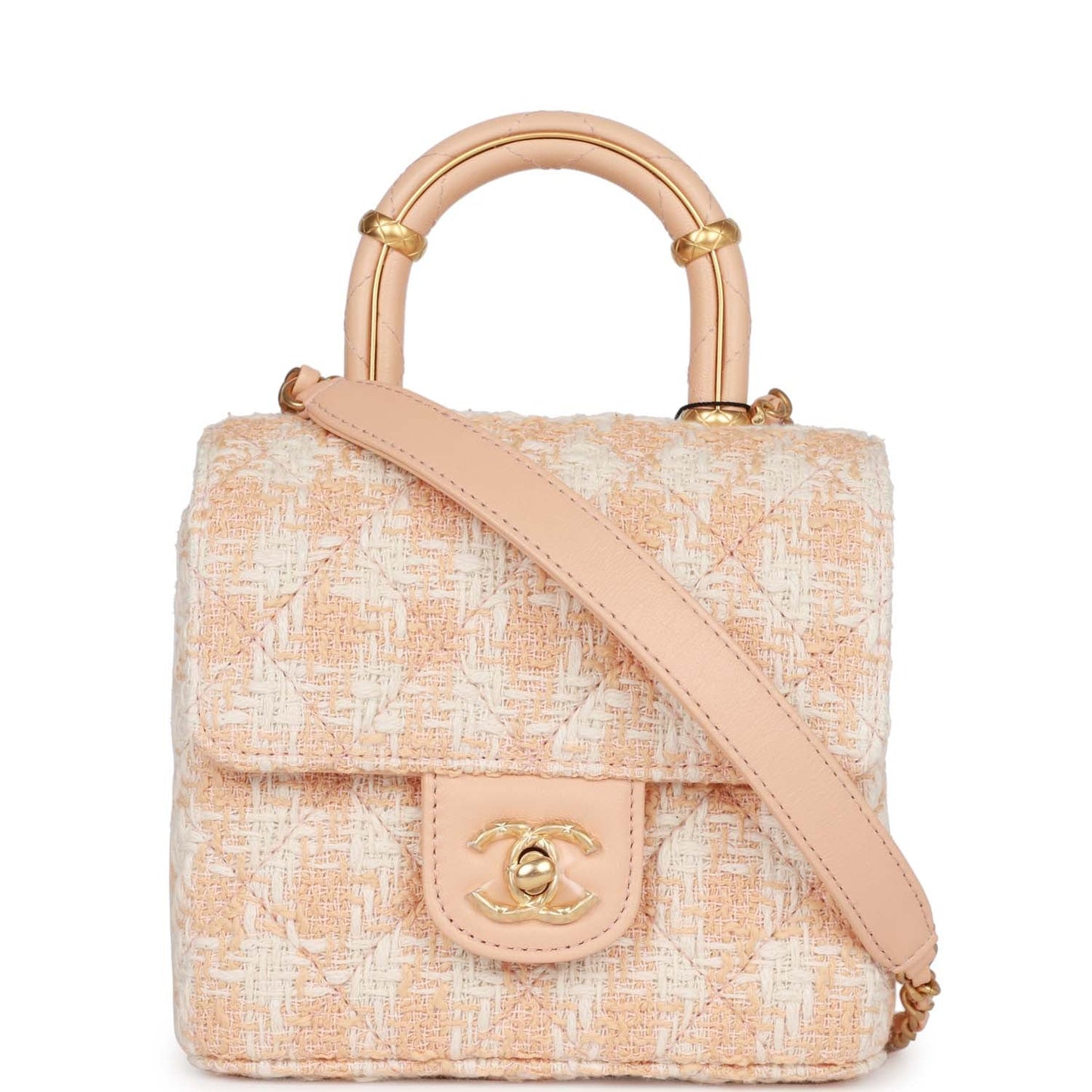 Chanel Mini Square Flap With Top Handle Light Orange And Ecru Tweed Antique Gold Hardware