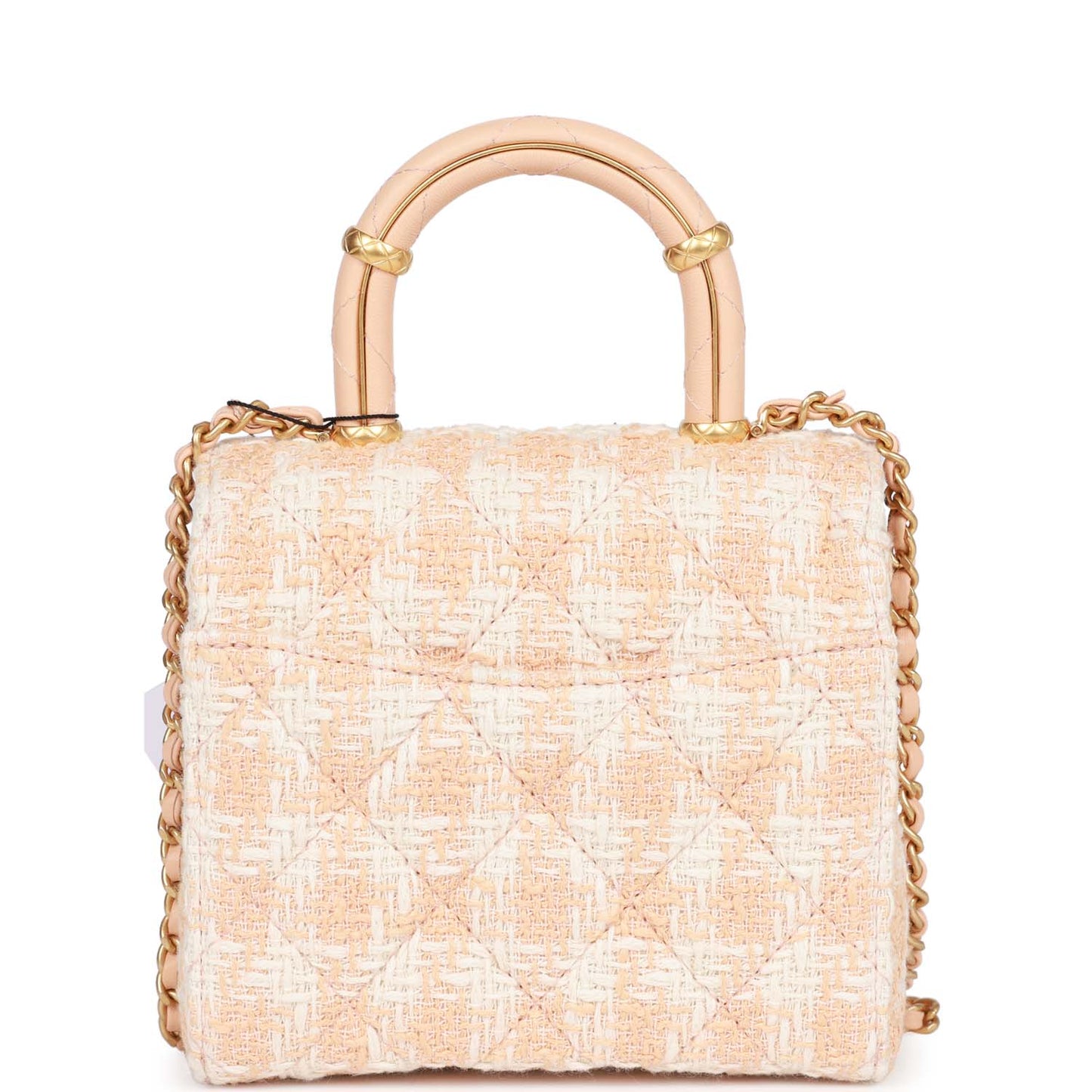Chanel Mini Square Flap With Top Handle Light Orange And Ecru Tweed Antique Gold Hardware