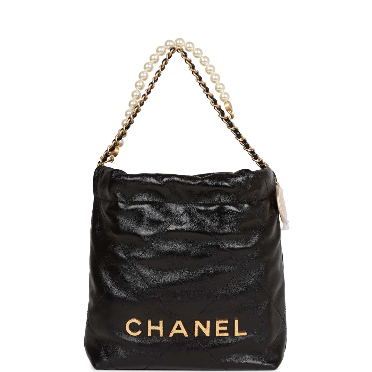 Chanel Mini 22 Bag Black Calfskin And Pearl Antique Gold Hardware