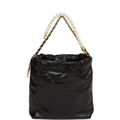 Chanel Mini 22 Bag Black Calfskin And Pearl Antique Gold Hardware