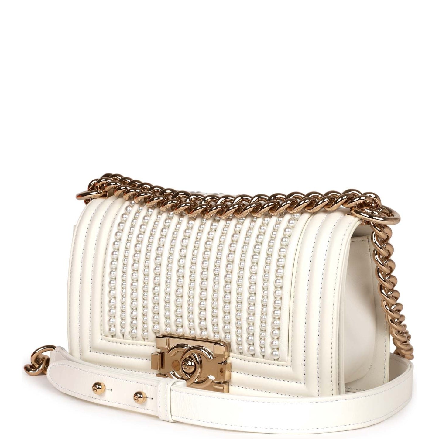 Chanel Small Boy Bag White Calfskin With Imitation Pearls Light Gold Hardware