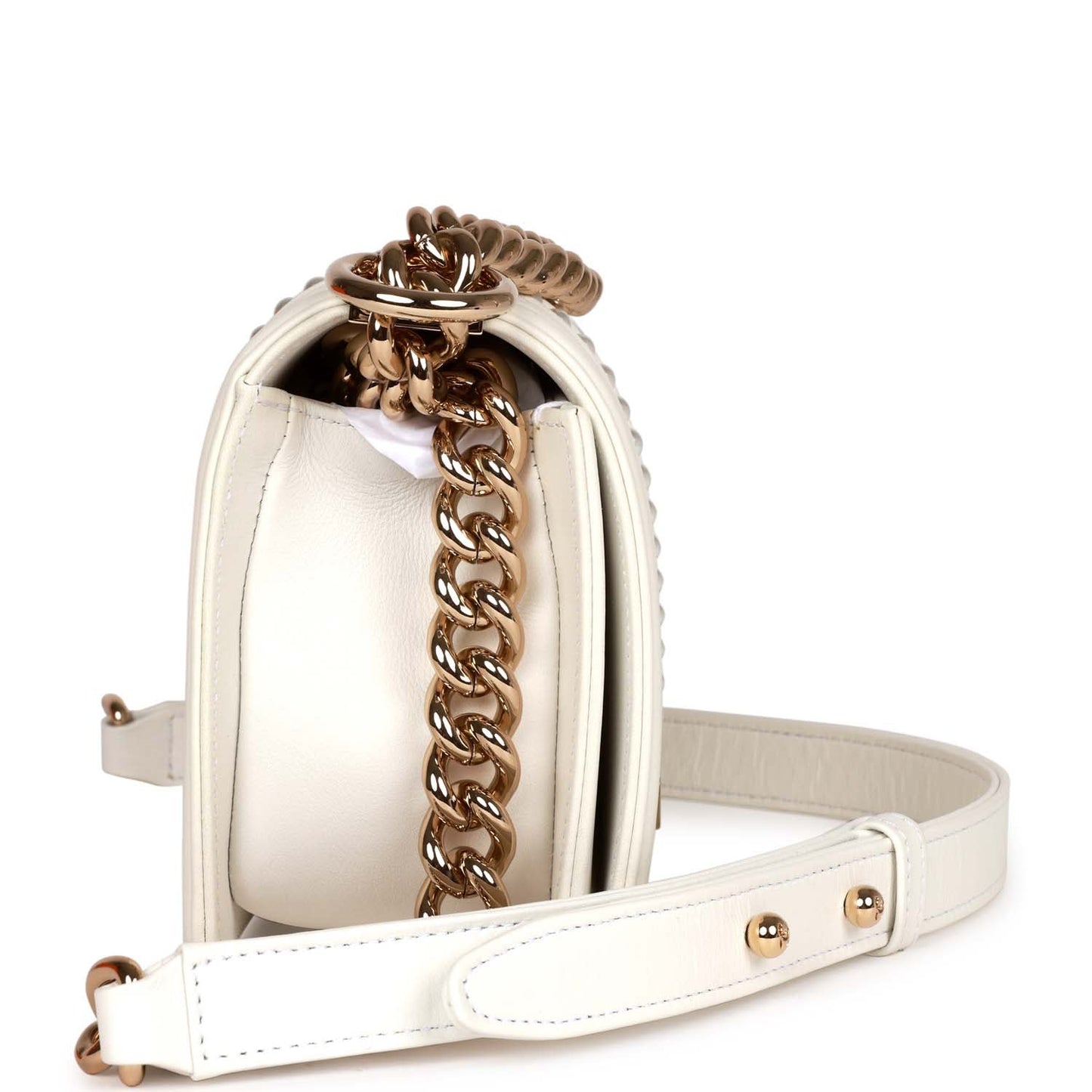 Chanel Small Boy Bag White Calfskin With Imitation Pearls Light Gold Hardware
