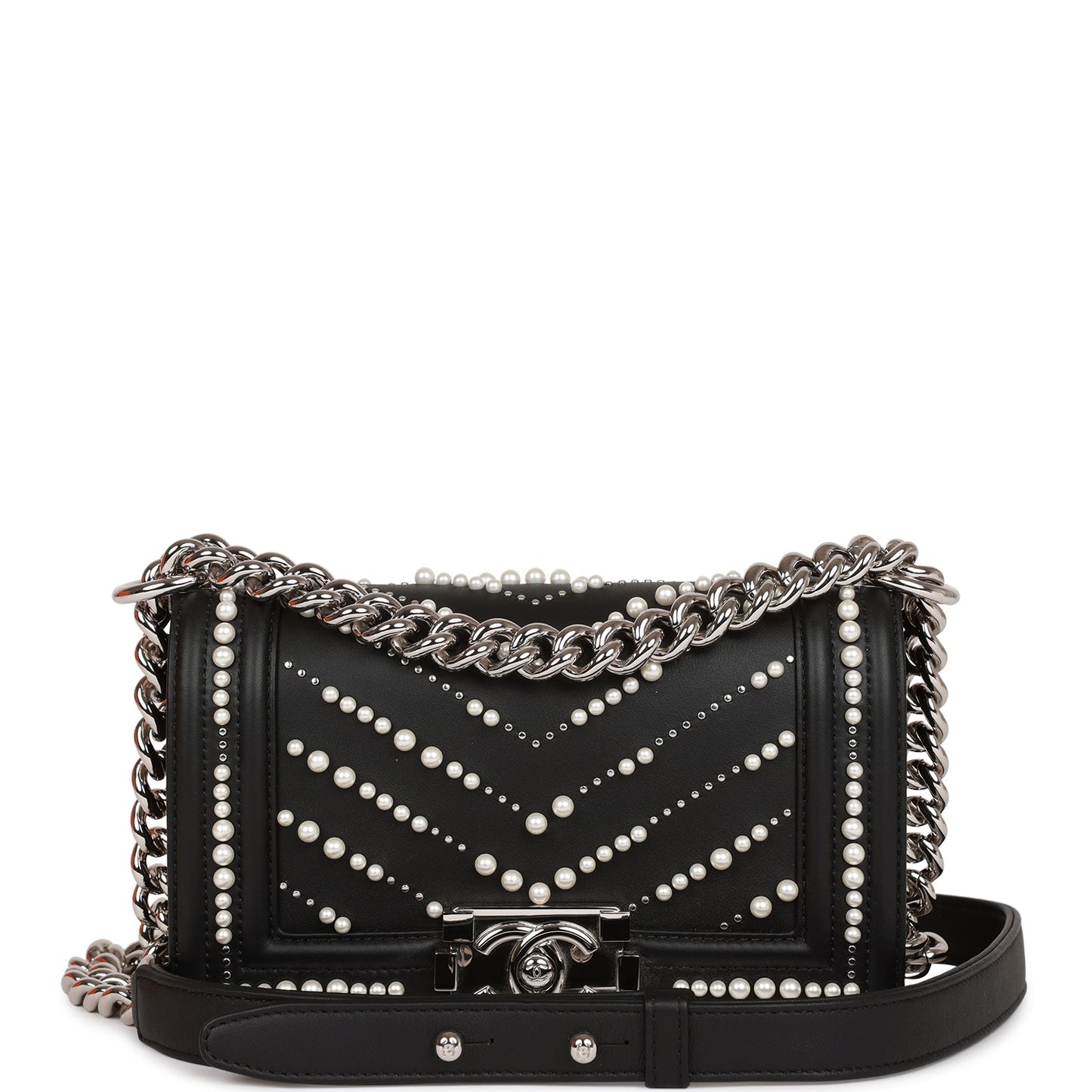 Chanel Small Boy Bag Black Calfskin And Pearl Silver Hardware