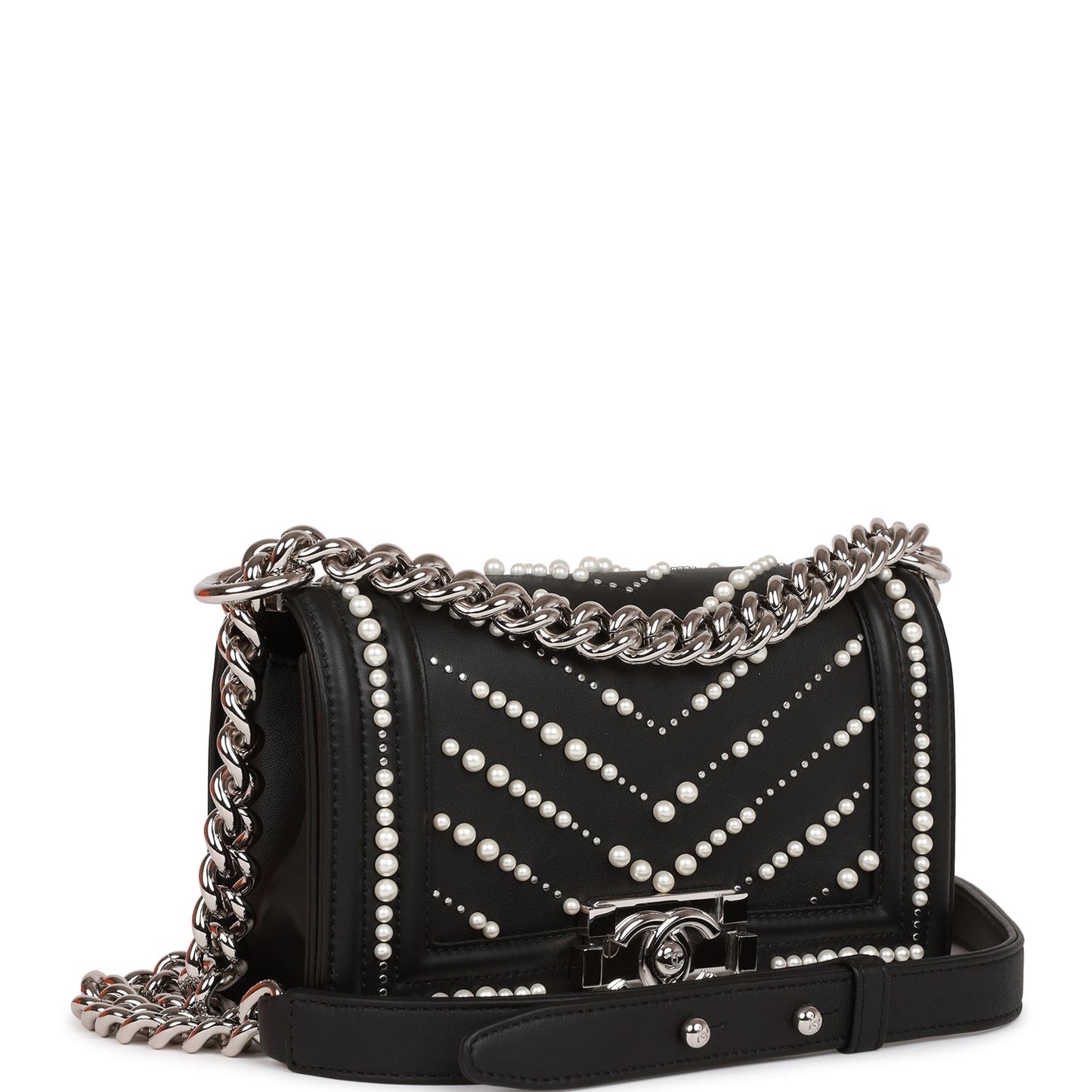 Chanel Small Boy Bag Black Calfskin And Pearl Silver Hardware