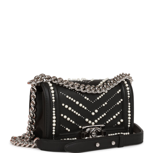 Chanel Small Boy Bag Black Calfskin And Pearl Silver Hardware