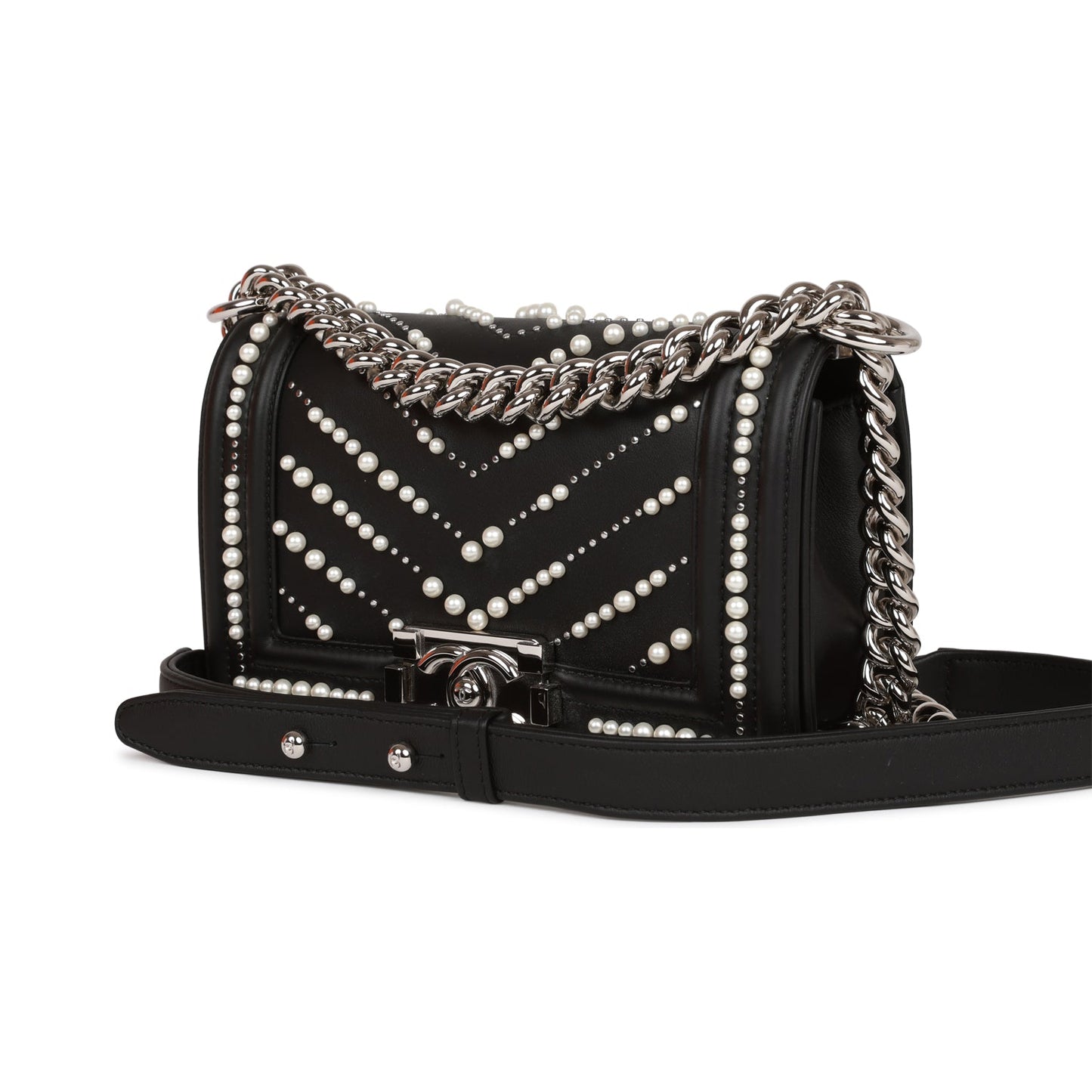 Chanel Small Boy Bag Black Calfskin And Pearl Silver Hardware