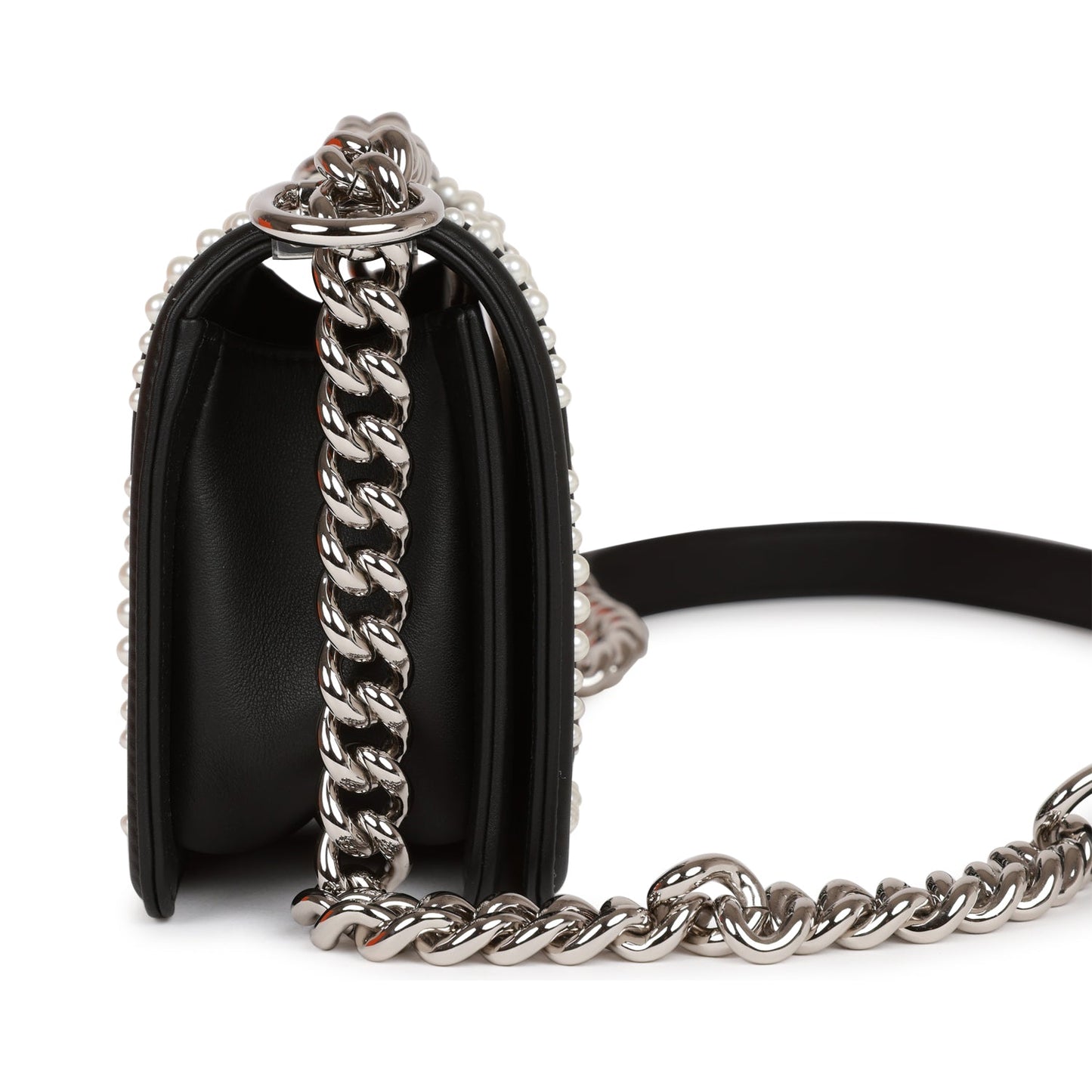 Chanel Small Boy Bag Black Calfskin And Pearl Silver Hardware