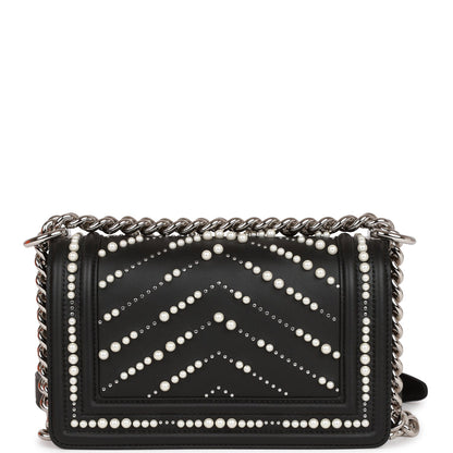 Chanel Small Boy Bag Black Calfskin And Pearl Silver Hardware