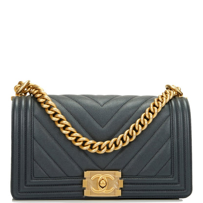 Chanel Medium Boy Bag Dark Grey Chevron Caviar Antique Gold Hardware